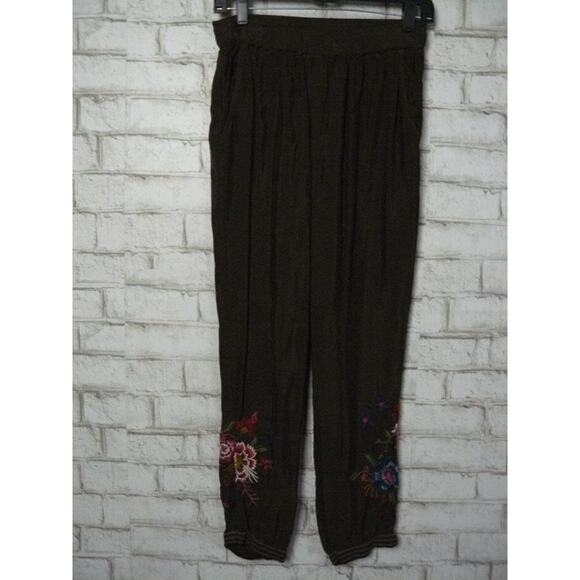 $220 Johnny Was Olive Green Embroidered Margo Satin Jogger Pants Large NEW